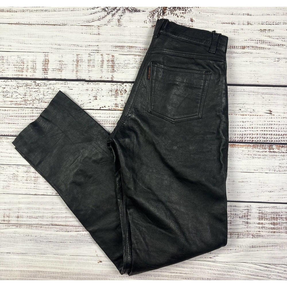 Interstate Leather Riding Moto Pants Black‎ Raw Hem High Waisted Straight Sz 10
